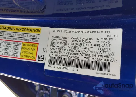 2018 Honda Accord Sport 2.0T z USA, uszkodzony, nr VIN 1HGCV2F34JA035200